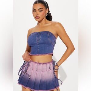 Denim Ombre Pleated Skirt Set